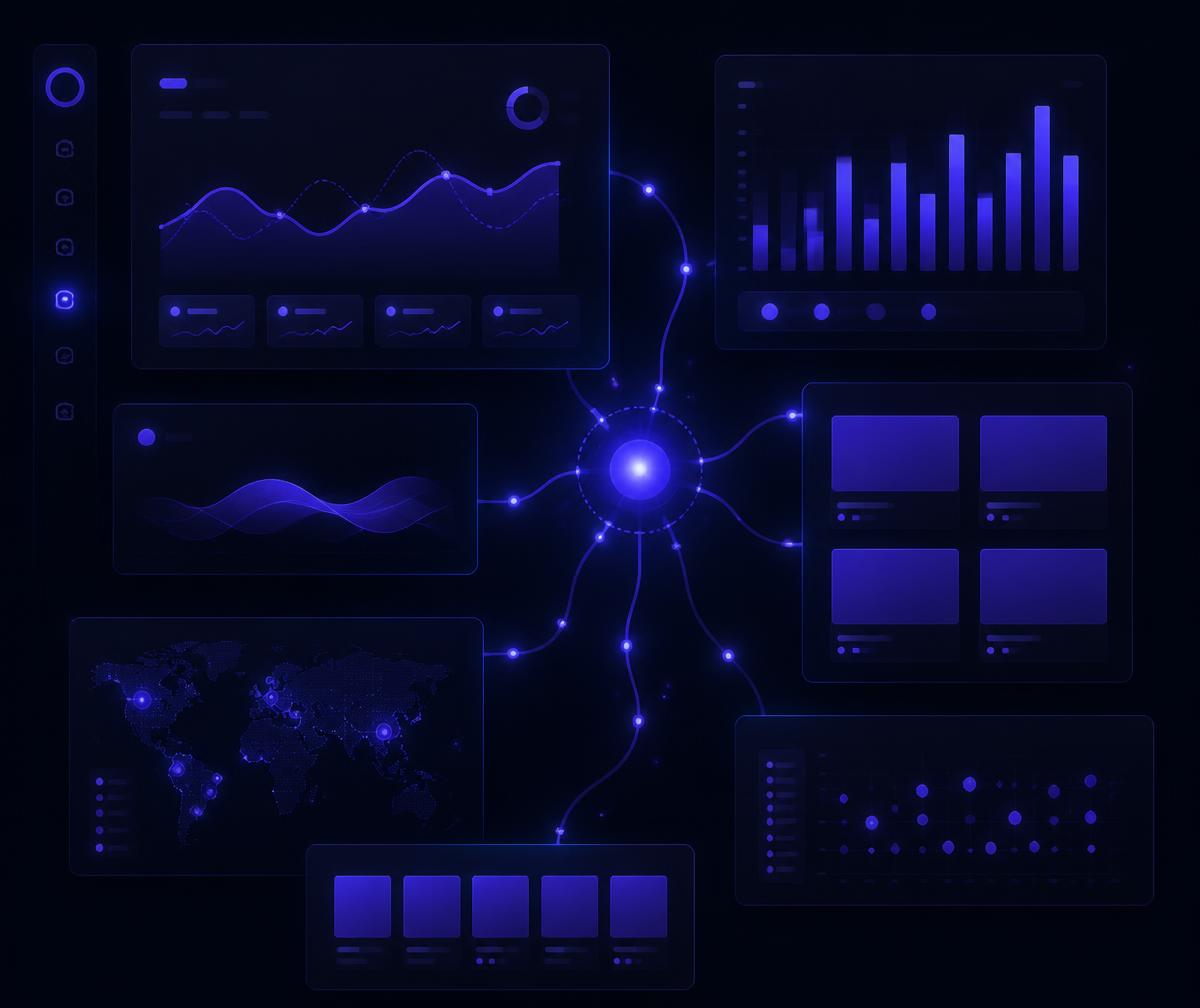 Abstract dark dashboard showing ad spend charts, creative tiles and a connected decision graph